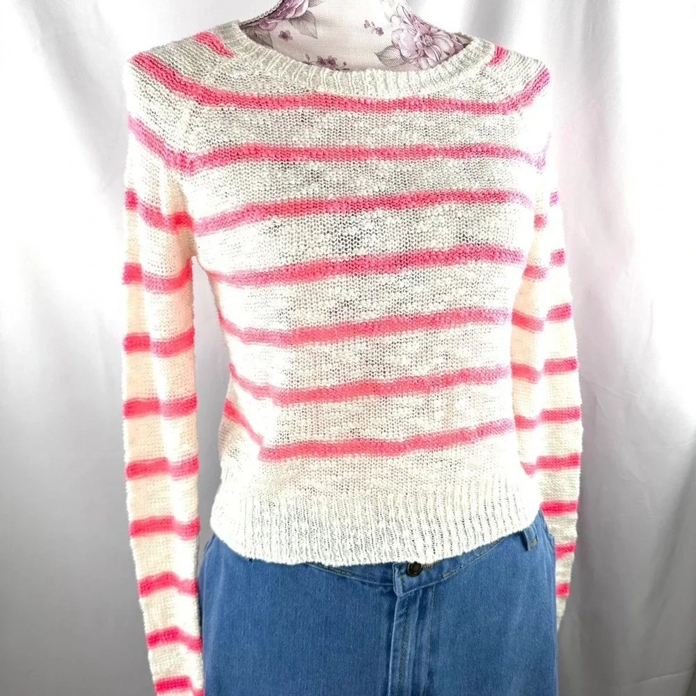 dELiA*s Pink White Cute Striped Knit Sweater Lightweight Pullover XS Valentine's